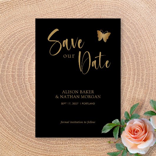 Save The Date Mariage Papillon Pailleté avec Écriture Noir & Or