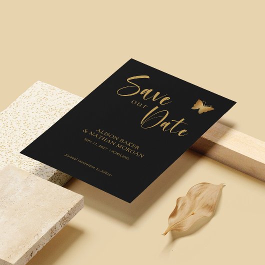 Save The Date Mariage Papillon Pailleté avec Écriture Noir & Or