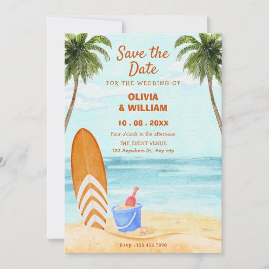Save The Date Mariage paradis de plage à l'aquarelle (Devant)