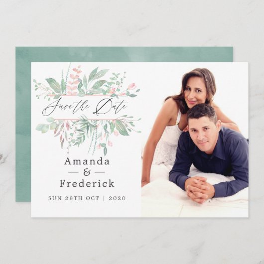 Save The Date Mariage Pastel Blush Greenery (Devant / Derrière)