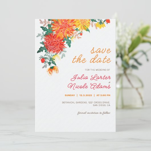 Save The Date Mariage Pastel Orange Yellow Spring Dahlia Fleurs (Debout devant)