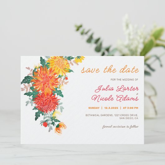 Save The Date Mariage Pastel Orange Yellow Spring Dahlia Fleurs (Debout devant)