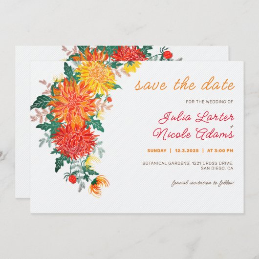 Save The Date Mariage Pastel Orange Yellow Spring Dahlia Fleurs (Devant / Derrière)