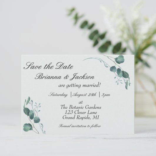 Save The Date Mariage Pastel Sage Green Eucalyptus (Debout devant)