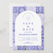 Save The Date Mariage Patchwork Porcelaine Bleu Classique (Devant)
