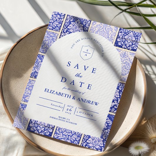 Save The Date Mariage Patchwork Porcelaine Bleu Classique