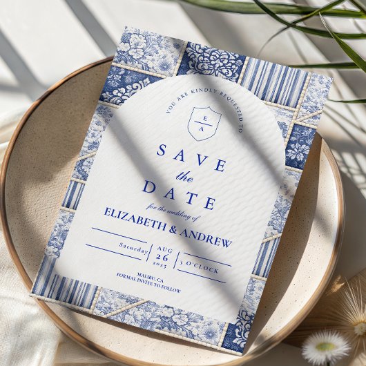 Save The Date Mariage Patchwork Toile de Delft Bleu