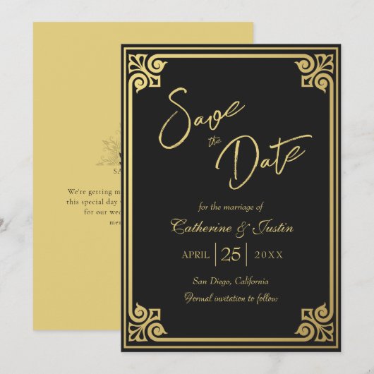 Save The Date Mariage Peacock Noir Art déco moderne (Devant / Derrière)