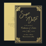 Save The Date Mariage Peacock Noir Art déco moderne<br><div class="desc">Le Modern Art Déco Gold Black Peacock Wedding Save The Date allie élégance Art Déco et modernité, avec un motif paon pour le charme royal. Dessinant du glamour Gatsby, la palette or et noir exsument le raffinement. La typographie et la calligraphie élégantes apportent une touche personnalisée, reflétant l'attrait classique et...</div>