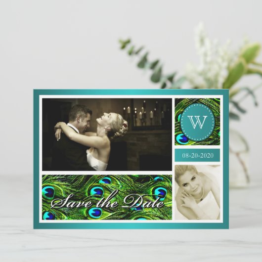 Save The Date Mariage Peacock turquoise Enregistrer la date Cart (Debout devant)