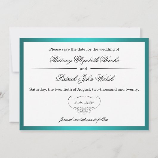 Save The Date Mariage Peacock turquoise Enregistrer la date Cart (Dos)