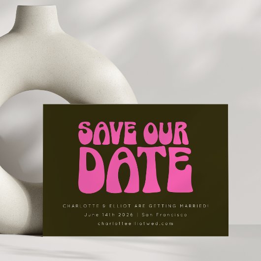 Save The Date Mariage personnalisé rose chaud et vert rétro funk