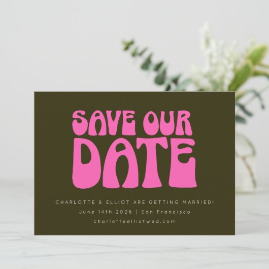 Save The Date Mariage personnalisé rose et vert chaud Rétro Groo (Debout devant)