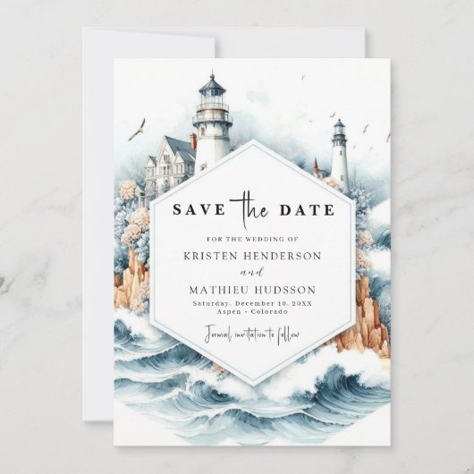 Save The Date Mariage phare de style nautique personnalisé (Devant)
