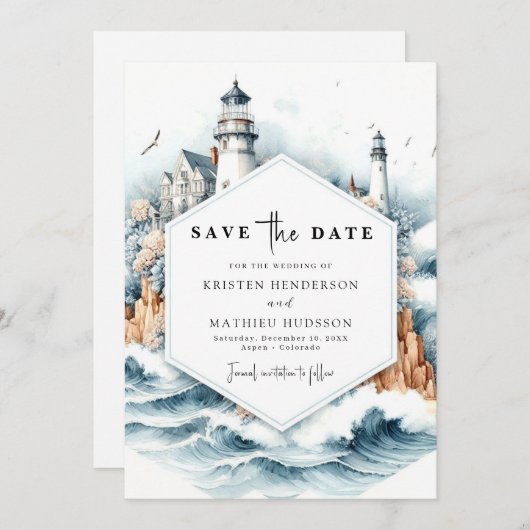Save The Date Mariage phare de style nautique personnalisé (Devant / Derrière)