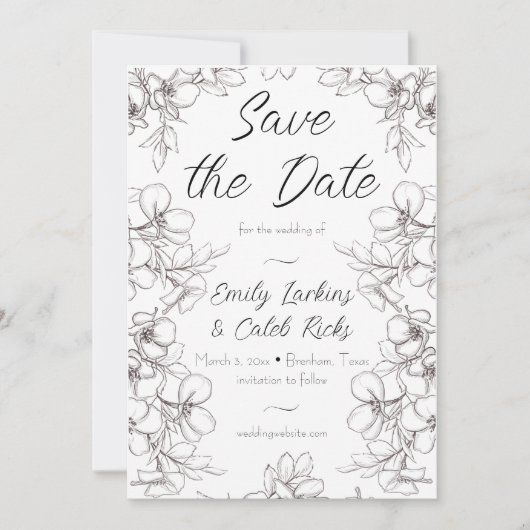 Save The Date Mariage photo à cadre floral noir et blanc (Devant)