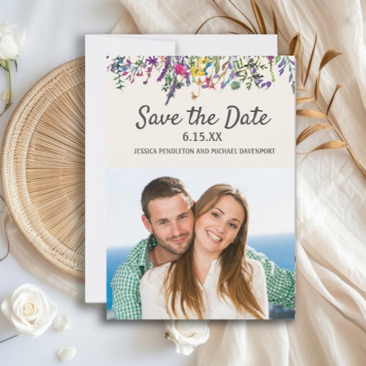 Save The Date Mariage Photo aquarelle Fleurs sauvages crème blan