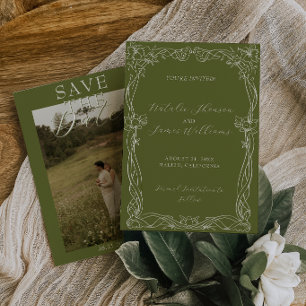 Save The Date Mariage Photo Argent Ancien Vert Olive Romantique