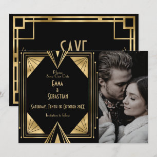 Save The Date Mariage photo Art Déco Gatsby noir et or