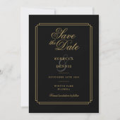 Save The Date Mariage photo Art déco Script noir et or (Devant)