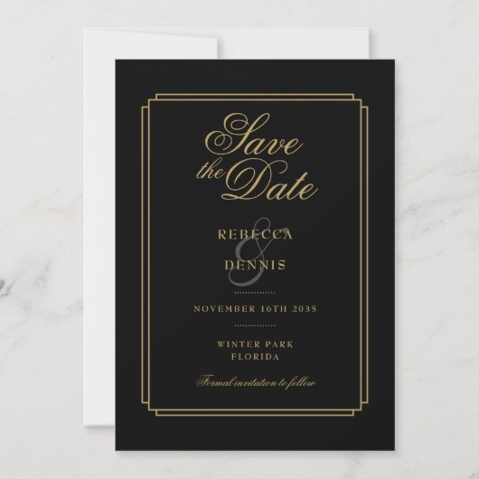 Save The Date Mariage photo Art déco Script noir et or (Devant)
