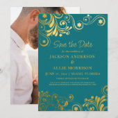 Save The Date Mariage Photo avec Accents Dorés et Turquoise Bril (Devant / Derrière)