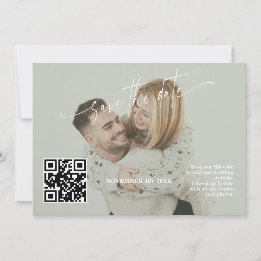 Save The Date Mariage photo avec QR Code en calligraphie vert sa (Devant)