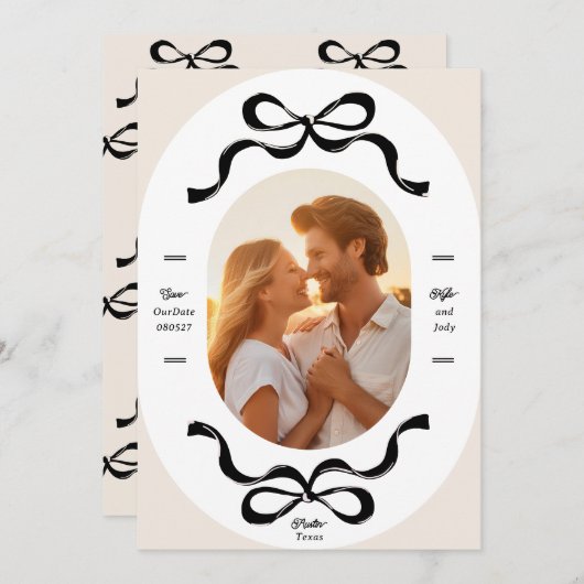 Save The Date Mariage photo Black Cream RIBBONS & Bows (Devant / Derrière)