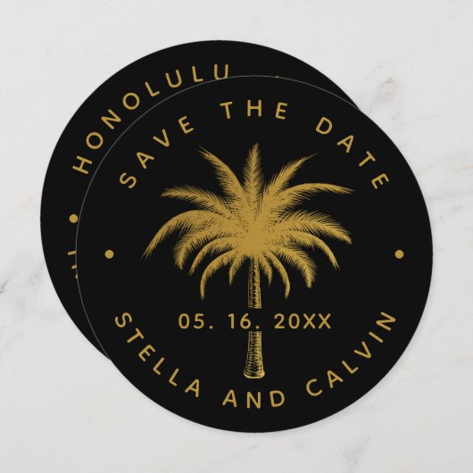 Save The Date Mariage photo Black & Gold Tropical Palm Tree (Devant / Derrière)