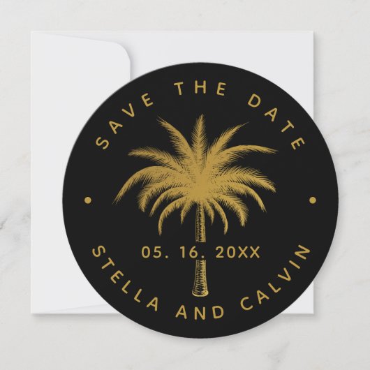 Save The Date Mariage photo Black & Gold Tropical Palm Tree (Devant)