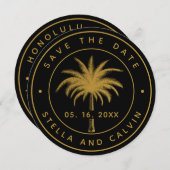 Save The Date Mariage photo Black & Gold Tropical Palm Tree (Devant / Derrière)