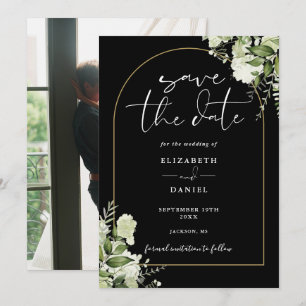 Save The Date Mariage photo Black Greenery Floral Gold Arch