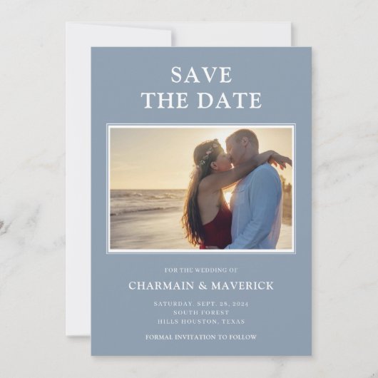 Save The Date Mariage photo bleu Dusty (Devant)