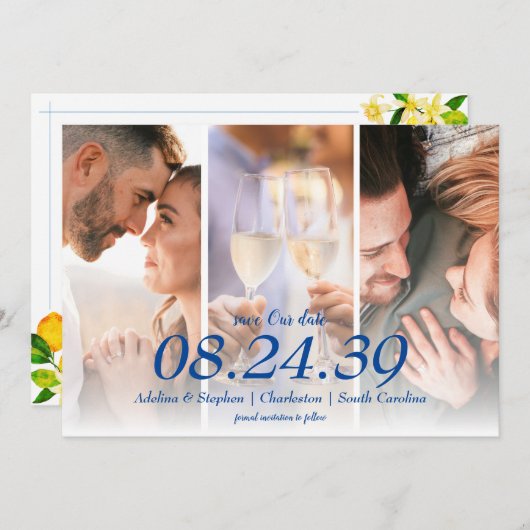 Save The Date Mariage photo Blue Mediterranean Lemon Three (Devant / Derrière)