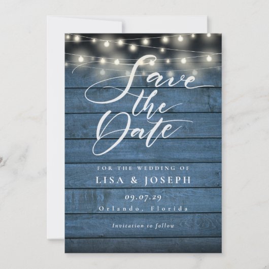Save The Date Mariage photo Blue Rustic Wood String (Devant)