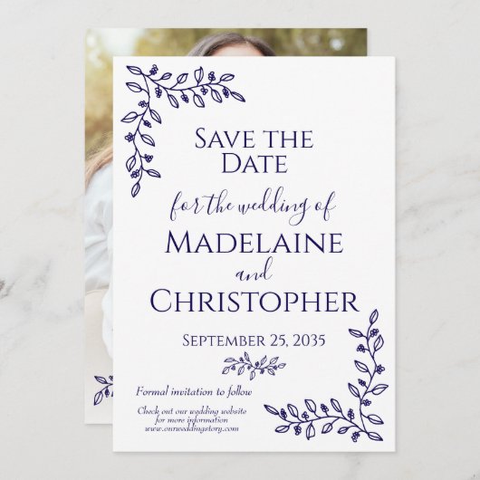 Save The Date Mariage photo Boho Navy Blue Botanical moderne (Devant / Derrière)