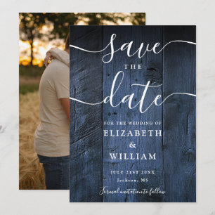 Save The Date Mariage Photo Bois Grange Rustique Bleu Bohème Chi