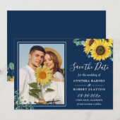 Save The Date Mariage photo Bold Navy Blue Yellow Sunflower (Devant / Derrière)