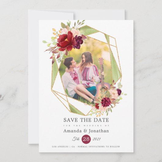 Save The Date Mariage photo bordeaux-Marsala et rose (Devant)