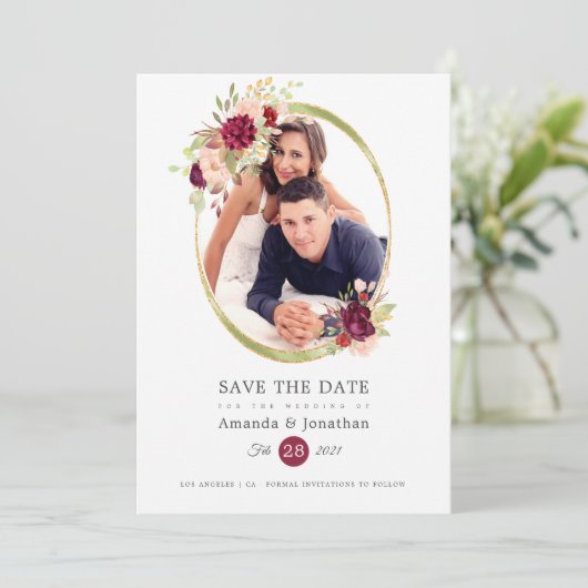 Save The Date Mariage photo Burgundy-Marsalla et rose (Debout devant)