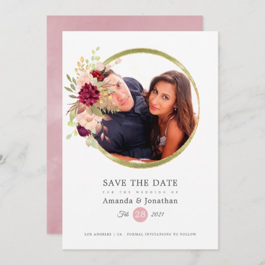 Save The Date Mariage photo Burgundy-Marsalla et rose (Devant / Derrière)