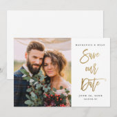 Save The Date Mariage Photo Calligraphie Moderne Or (Devant / Derrière)
