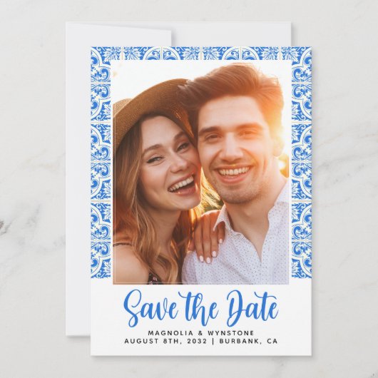 Save The Date Mariage photo Carrelage bleu méditerranéen (Devant)