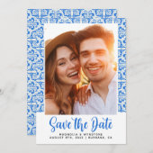 Save The Date Mariage photo Carrelage bleu méditerranéen (Devant / Derrière)