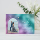 Save The Date Mariage Photo Céleste Turquoise Violet Argent (Debout devant)