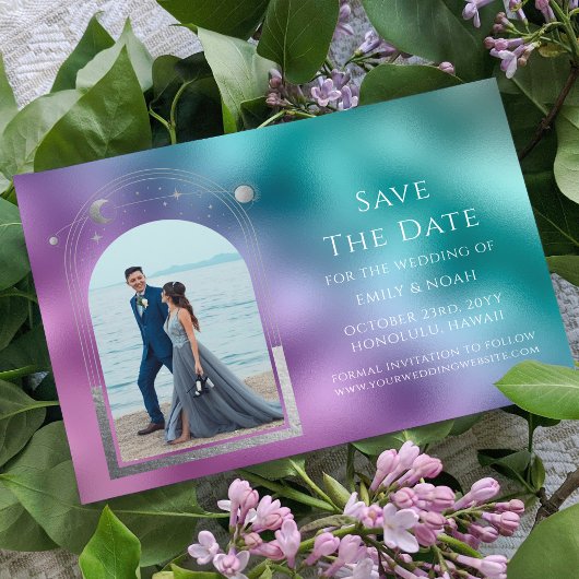 Save The Date Mariage Photo Céleste Turquoise Violet Argent