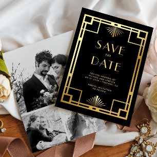 Save The Date Mariage Photo Collage Art Déco Or Noir