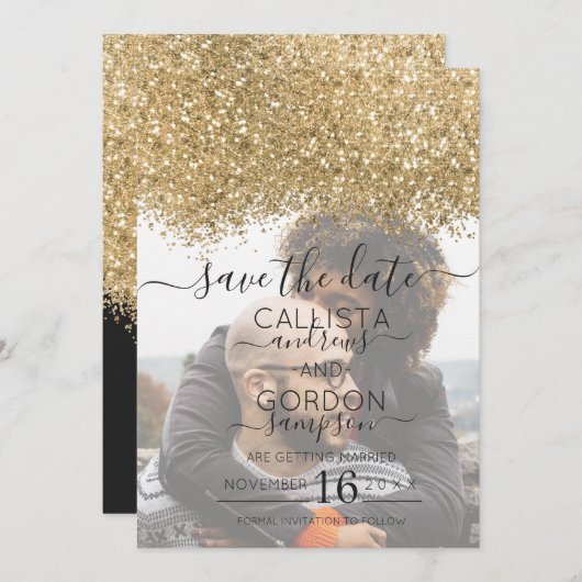 Save The Date Mariage photo Confetti Parties scintillant Noir Lu (Devant / Derrière)