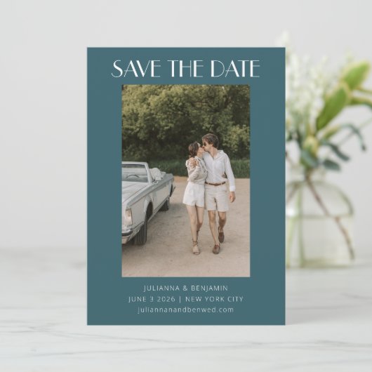 Save The Date Mariage photo couleur Emerald Turquoise Art Déco (Debout devant)