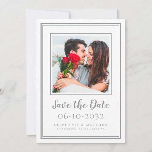 Save The Date Mariage photo Couple Fiançailles moderne gris blan (Devant)